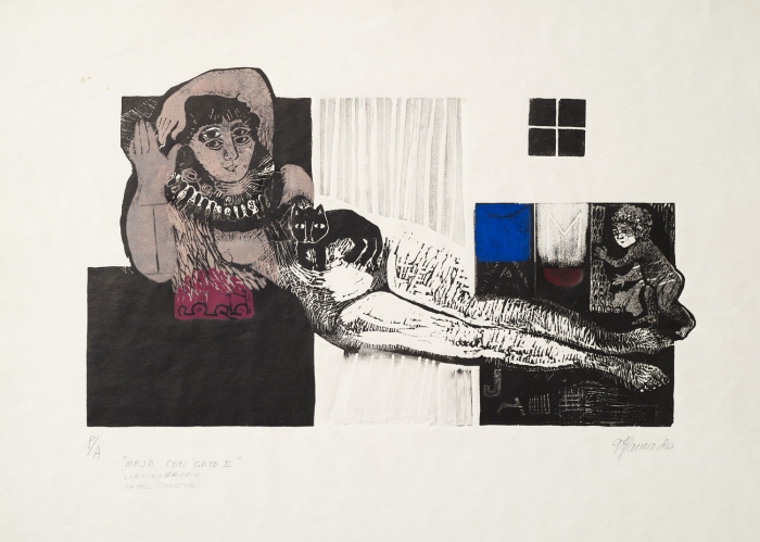 Gladys Afamado<br>Maja con gato II. (s/f)<br>Linóleo<br>44 x 60 cm - Gladys Afamado: una cita sin fin - Museo Nacional de Artes Visuales
