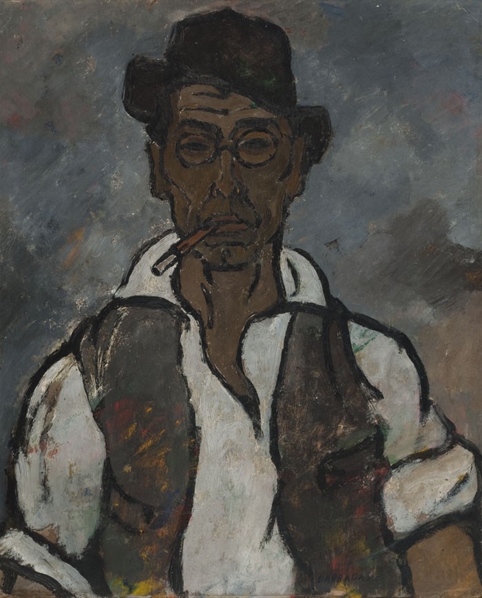 Autorretrato, 1923. Rafael Barradas (1890-1929). Óleo sobre cartón. 62 x 51 cm. Nº inv. 3131. - Rafael Barradas - 70º Aniversario del Museo de San José  - Museo Nacional de Artes Visuales