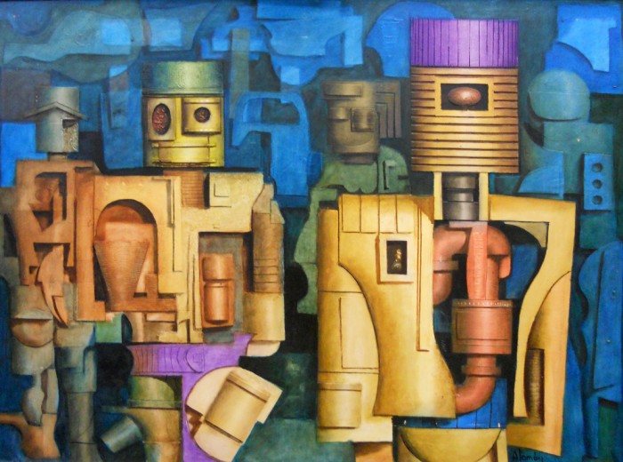 Nº de Inventario: 3939 <br>Título: Conjunto de robots en un día azul <br>Autor: Gustavo Alamón Da Rosa (1935) <br>Técnica: Collage <br>Soporte: Fibra <br>Medidas: 89 x 116 cm <br>Realizado: 1977 - Homenaje a Luis A. Solari - Colección MNAV - Museo Luis A. Solari - Fray Bentos - Museo Nacional de Artes Visuales