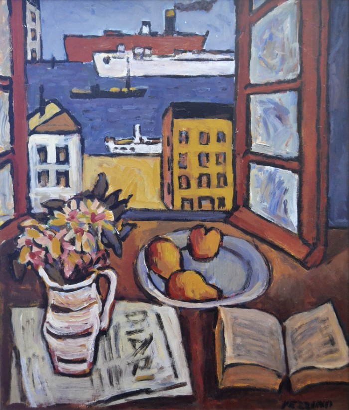 Ventana al puerto, óleo sobre cartón, 74 x 53.5 cm - Antonio Pezzino 1921-2004 - Retrospectiva en su centenario - Museo Nacional de Artes Visuales