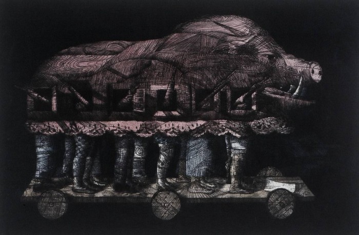 Carroza para un carnaval, 1975<br>Aguafuerte<br>36 x 55 cm - Centenario Luis A. Solari - Museo Nacional de Artes Visuales